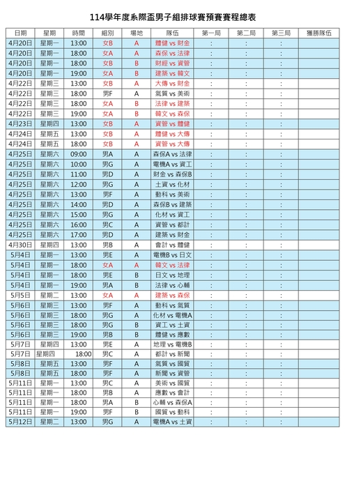 中國文化大學創校64週年校慶運動季 - 系際盃預賽賽程表(籃球排球)圖片